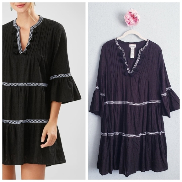 Tommy Bahama Black Embroidered Tassel V-Neck Cotton Tunic Dress - Picture 1 of 7
